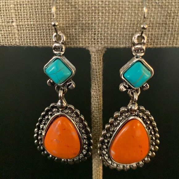 Men’s Western Native American Style Faux Turquoise, Coral & Silver Tone Earrings - Picture 6 of 6